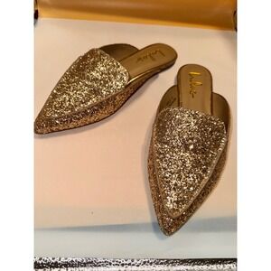 Lulus Joelle Gold Glitter Pointed Toe Mules Flats Womens‎ Size 7.5 Sparkly Shoes